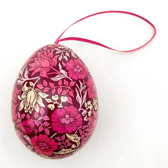 William Morris Pink Floral Metal Easter Egg Tin and Ornament ~ 2-3/4" tall