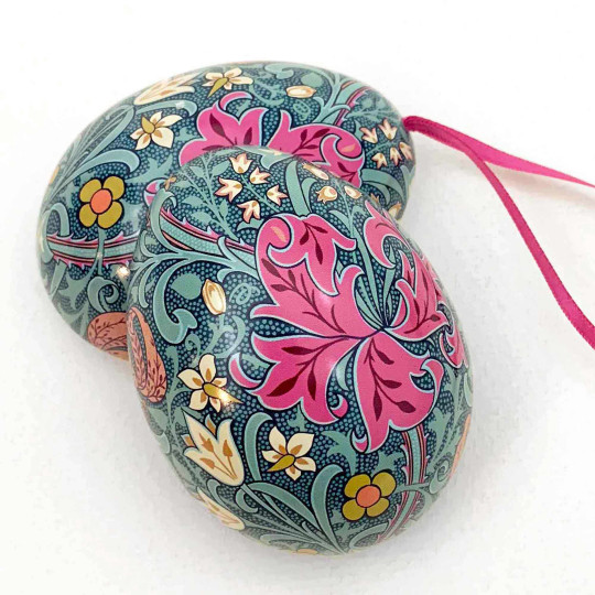 William Morris Teal Floral Metal Easter Egg Tin and Ornament ~ 2-3/4" tall