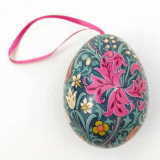 William Morris Teal Floral Metal Easter Egg Tin and Ornament ~ 2-3/4" tall