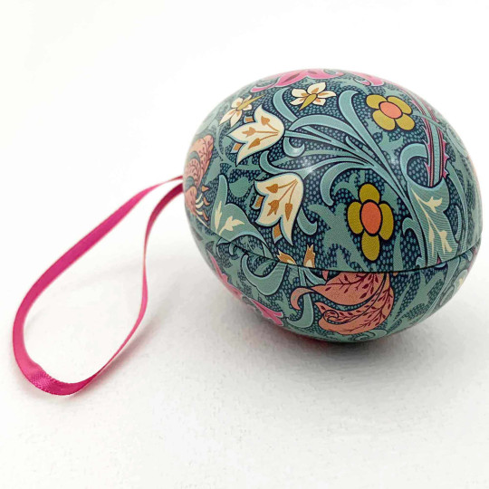 William Morris Teal Floral Metal Easter Egg Tin and Ornament ~ 2-3/4" tall