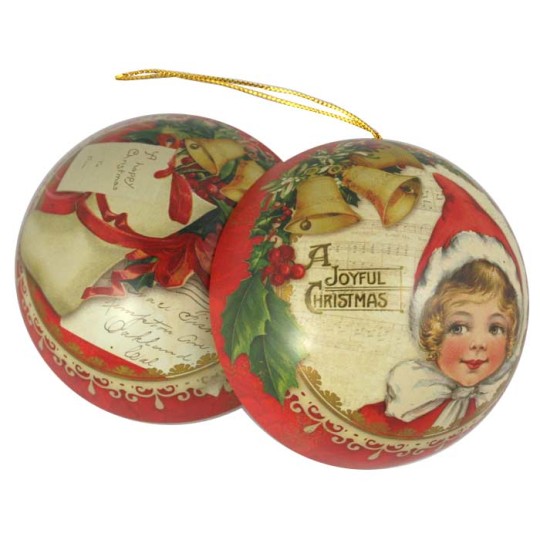 Red Snow Baby with Bells Metal Christmas Ball Ornament or Gift Tin ~ 2-3/4" across