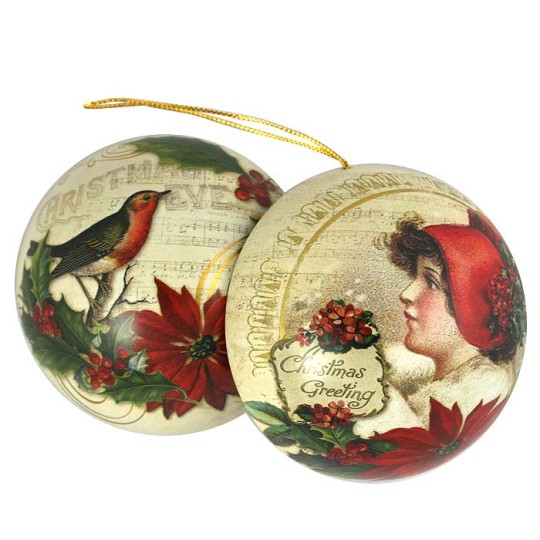 Lady and Robin Metal Christmas Ball Ornament or Gift Tin ~ 2-3/4" across