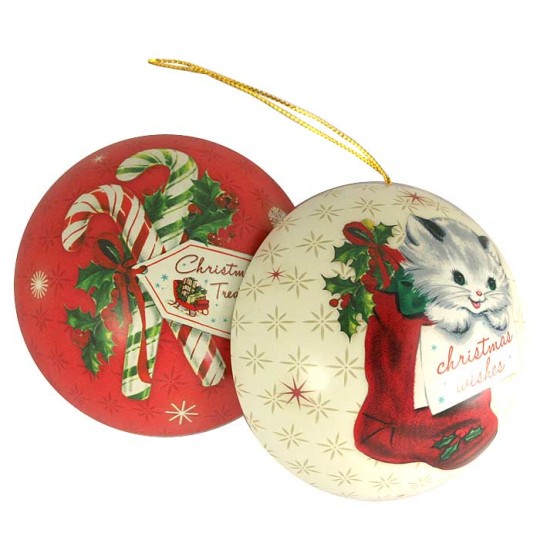 Kitten with Candy Canes Metal Christmas Ball Ornament or Gift Tin ~ 2-3/4" across