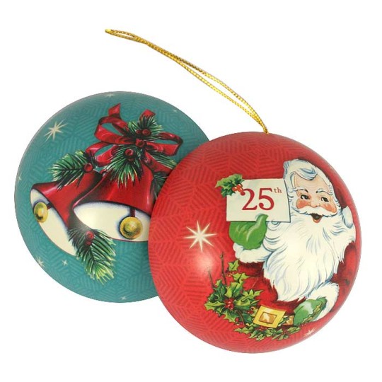 Santa with Bells Metal Christmas Ball Ornament or Gift Tin ~ 2-3/4" across