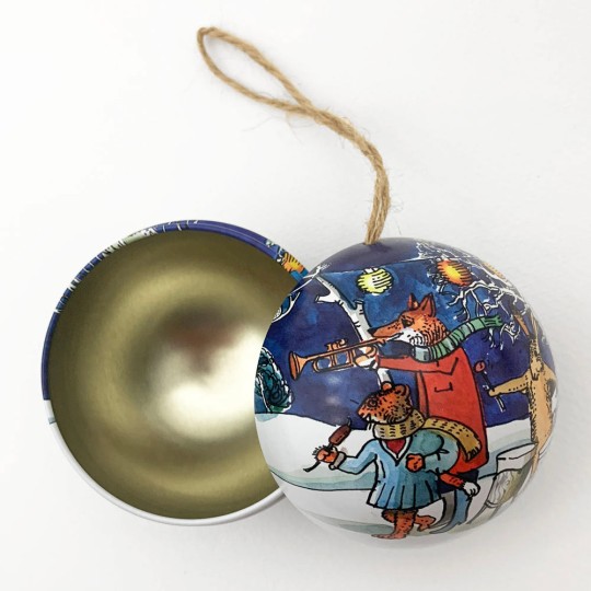 Metal Christmas Ball Ornament or Gift Tin ~ 2-3/4" across ~ SNOWY ANIMAL BAND