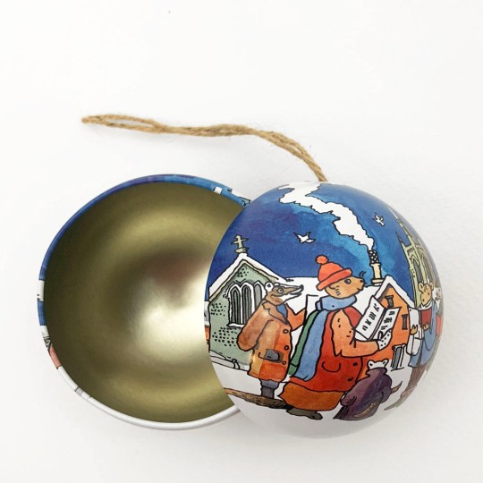 Metal Christmas Ball Ornament or Gift Tin ~ 2-3/4" across ~ VILLAGE CAROLERS