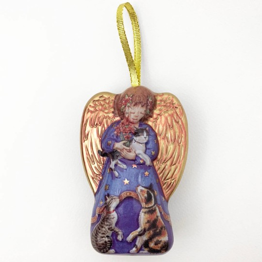 Metal Angel with Cats Ornament or Gift Tin ~ 4-3/4" tall ~ BLUE