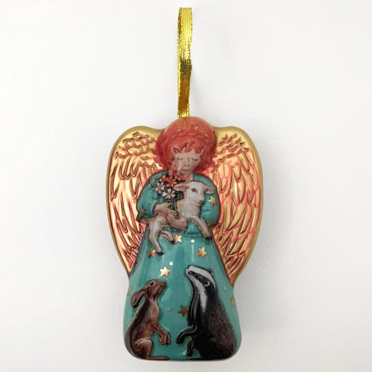 Metal Angel with Animals Ornament or Gift Tin ~ 4-3/4" tall ~ AQUA