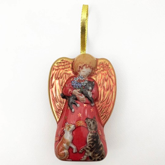 Metal Angel with Cats Ornament or Gift Tin ~ 4-3/4" tall ~ RED