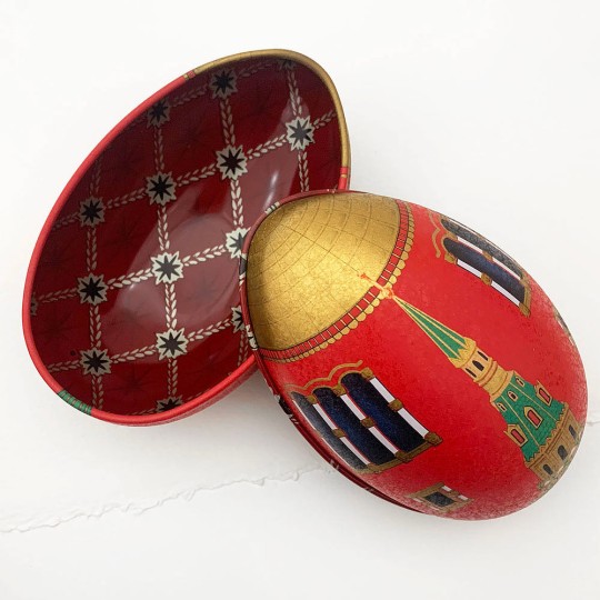 Red Tower Faberge Egg Metal Easter Tin ~ 4-1/4" tall