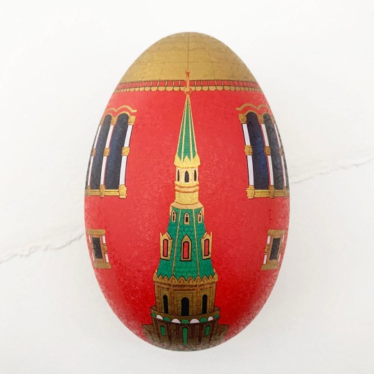 Red Tower Faberge Egg Metal Easter Tin ~ 4-1/4" tall