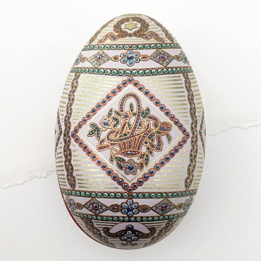 Fancy Flower Basket Faberge Egg Metal Easter Tin ~ 4-1/4" tall