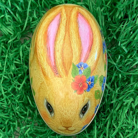 Yellow Bunny and Flowers Metal Easter Egg Tin ~ 4-1/4" tall