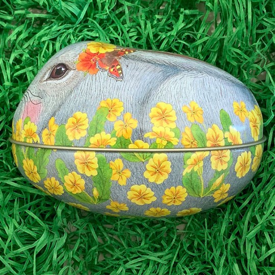 Grey Bunny and Yellow Flowers Metal Easter Egg Tin ~ 4-1/4" tall