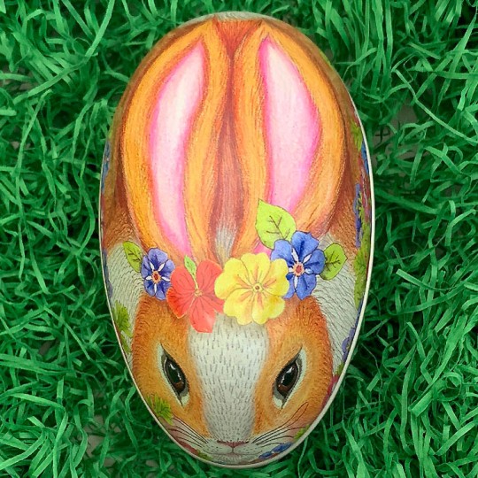 Calico Bunny and Flowers Metal Easter Egg Tin ~ 4-1/4" tall