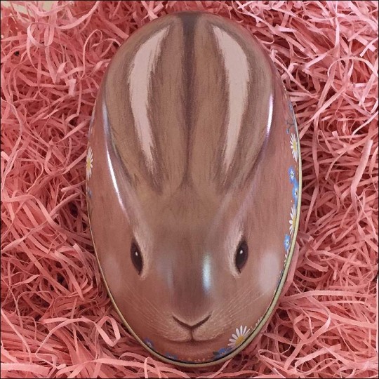 Brown Bunny and Flowers Metal Easter Egg Tin ~ 4-1/4" tall