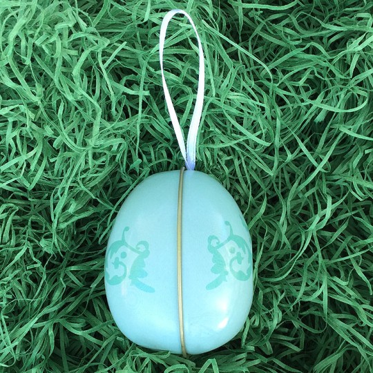 Pale Teal Flourish Two-Tone Metal Easter Egg Ornament Tin ~ 2-1/2" tall