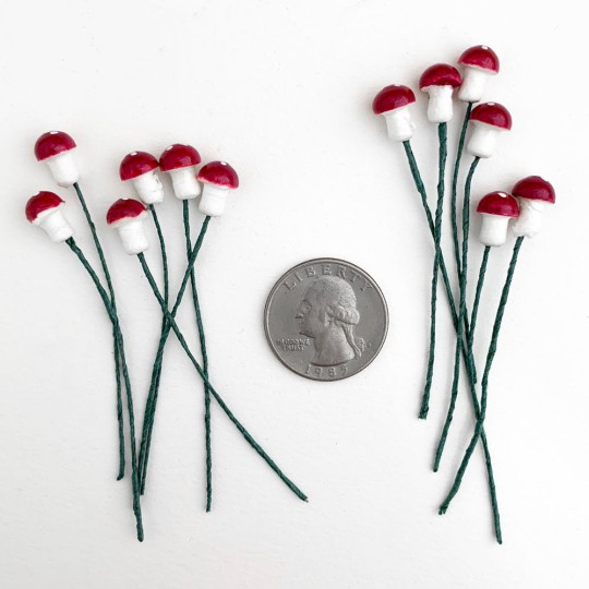 12 Tiny Spun Cotton Pixie Mushrooms for Christmas Crafts ~ DARK CRANBERRY ~ 7mm