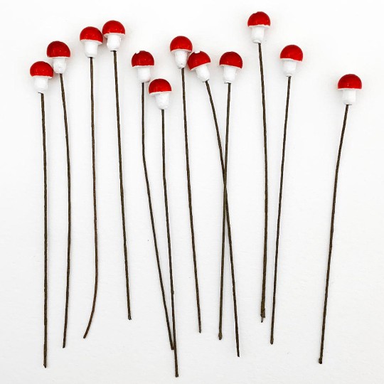 12 Tiny Spun Cotton Pixie Mushrooms for Christmas Crafts ~ DARK RED ~ 7mm