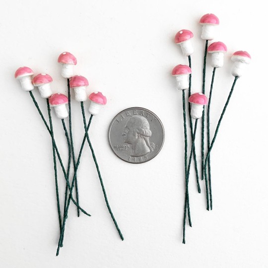 12 Tiny Spun Cotton Pixie Mushrooms for Christmas Crafts ~ LIGHT PINK ~ 7mm