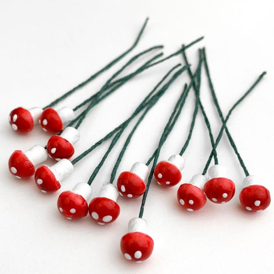 12 Tiny Spun Cotton Pixie Mushrooms for Christmas Crafts ~ RED ~ 7mm