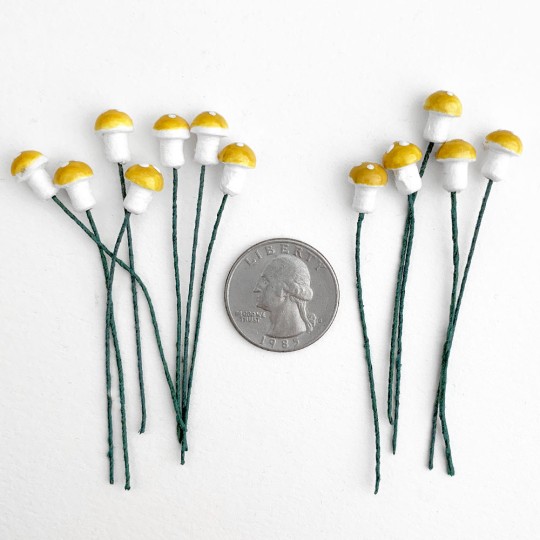12 Tiny Spun Cotton Pixie Mushrooms for Christmas Crafts ~ YELLOW ~ 7mm