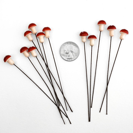 12 Spun Cotton Mushrooms for Crafts ~ DARK RED on PINK ~ 10mm