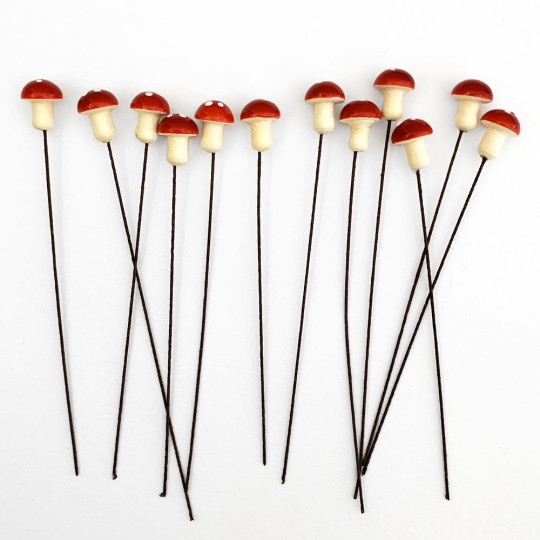 12 Spun Cotton Mushrooms for Crafts ~ DARK RED on YELLOW ~ 10mm
