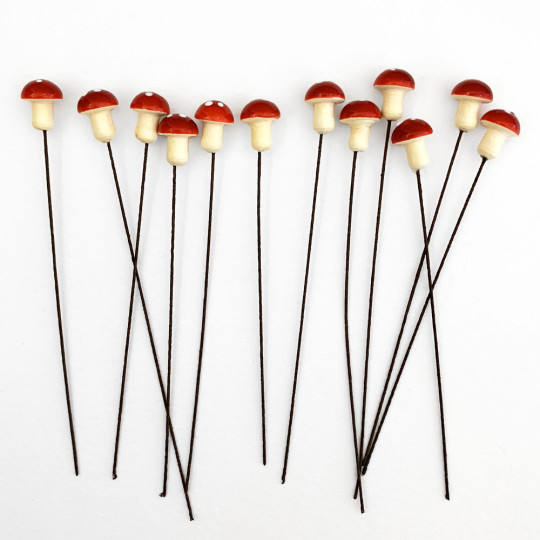 12 Spun Cotton Mushrooms for Crafts ~ DARK RED on YELLOW ~ 10mm