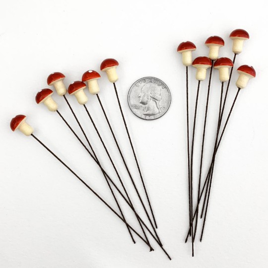 12 Spun Cotton Mushrooms for Crafts ~ DARK RED on YELLOW ~ 10mm