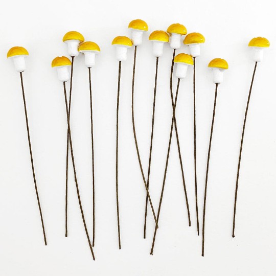 12 Spun Cotton Mushrooms for Crafts ~ YELLOW ~ 10mm