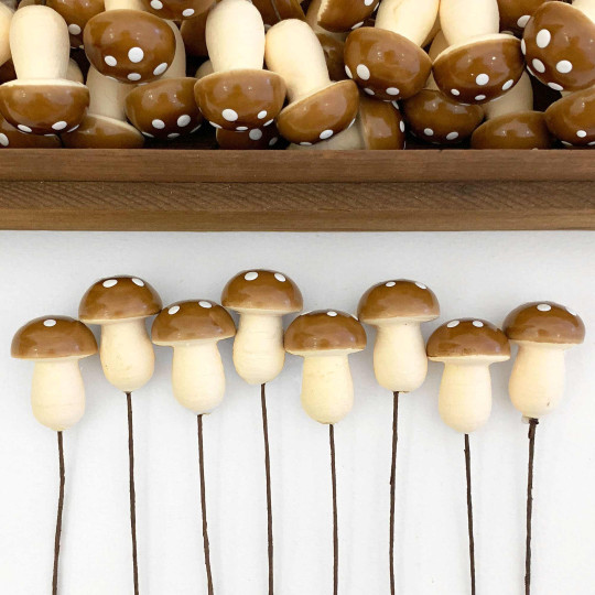 8 Large Spun Cotton Mushrooms for Crafts ~ BROWN on YELLOW ~ 21mm