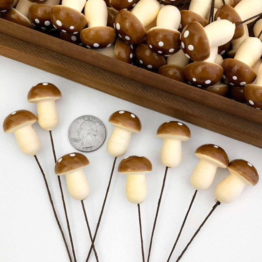 8 Large Spun Cotton Mushrooms for Crafts ~ BROWN on YELLOW ~ 21mm