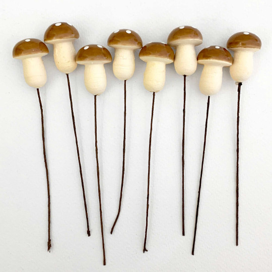 8 Large Spun Cotton Mushrooms for Crafts ~ BROWN on YELLOW ~ 21mm