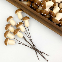 8 Large Spun Cotton Mushrooms for Crafts ~ BROWN on YELLOW ~ 21mm