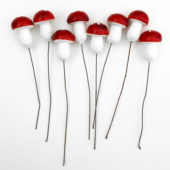8 Large Spun Cotton Mushrooms for Crafts ~ DARK RED ~ 21mm
