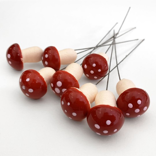 8 Large Spun Cotton Mushrooms for Crafts ~ DARK RED on PINK ~ 21mm