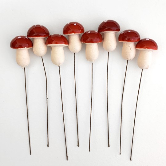 8 Large Spun Cotton Mushrooms for Crafts ~ DARK RED on PINK ~ 21mm