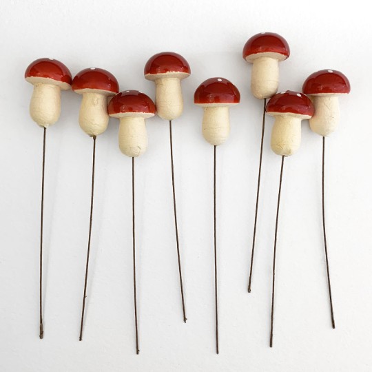 8 Large Spun Cotton Mushrooms for Crafts ~ DARK RED on YELLOW ~ 21mm