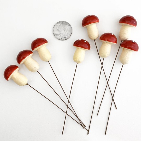 8 Large Spun Cotton Mushrooms for Crafts ~ DARK RED on YELLOW ~ 21mm
