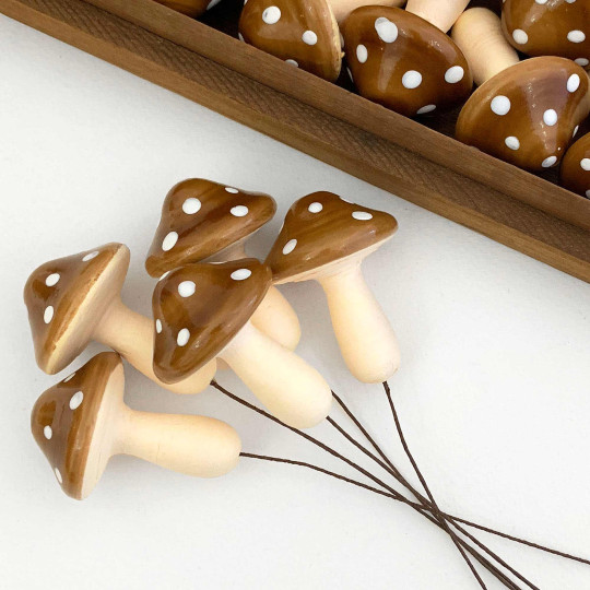 5 XL Spun Cotton Fairytale Mushrooms for Crafts ~ BROWN on YELLOW ~ 47mm