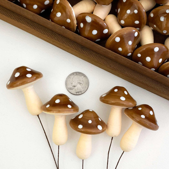 5 XL Spun Cotton Fairytale Mushrooms for Crafts ~ BROWN on YELLOW ~ 47mm