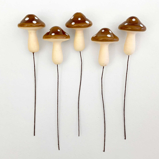 5 XL Spun Cotton Fairytale Mushrooms for Crafts ~ BROWN on YELLOW ~ 47mm