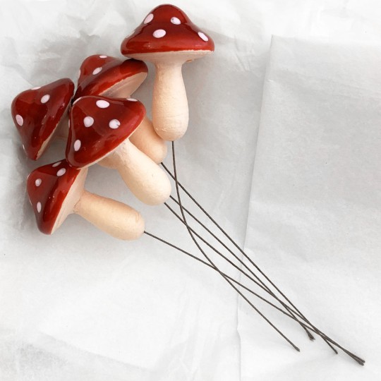 5 XL Spun Cotton Fairytale Mushrooms for Crafts ~ DARK RED on PINK ~ 47mm