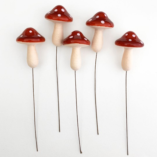 5 XL Spun Cotton Fairytale Mushrooms for Crafts ~ DARK RED on PINK ~ 47mm