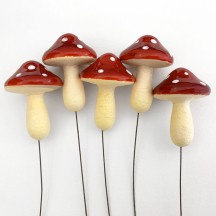 5 XL Spun Cotton Fairytale Mushrooms for Crafts ~ DARK RED on YELLOW ~ 47mm