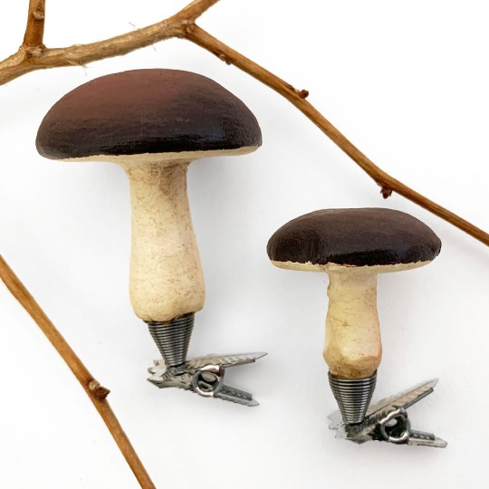 Brown Spun Cotton Clipping Mushroom Ornaments ~ Made in Germany  ~ Set of 2