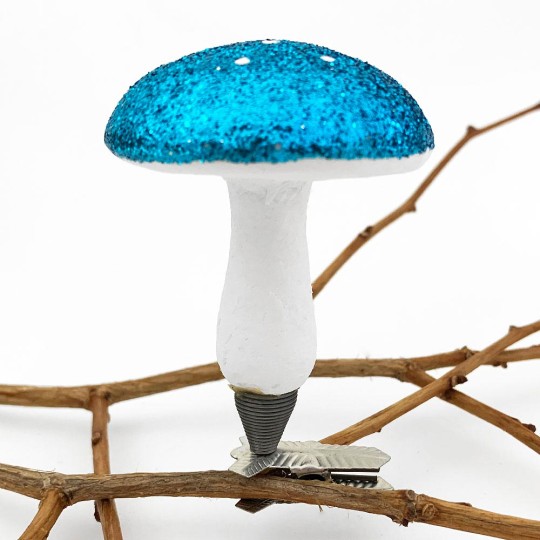 Turquoise Blue Glittered Spun Cotton Clipping Mushroom Ornament ~ Made in Germany