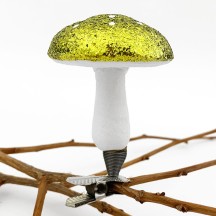 Chartreuse Green Glittered Spun Cotton Clipping Mushroom Ornament ~ Made in Germany