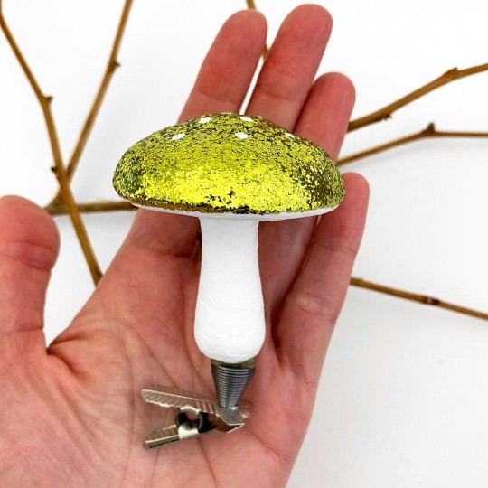 Chartreuse Green Glittered Spun Cotton Clipping Mushroom Ornament ~ Made in Germany